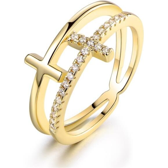 18K Gold Plated Cubic Double Cross Ring - Picture 1 of 7
